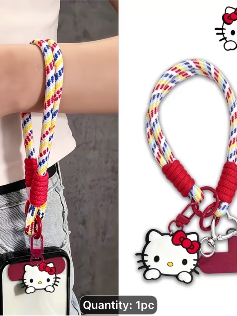 Hello Kitty Cell Phone Laynard Braided Rope Wrist Strap with Red Hardware